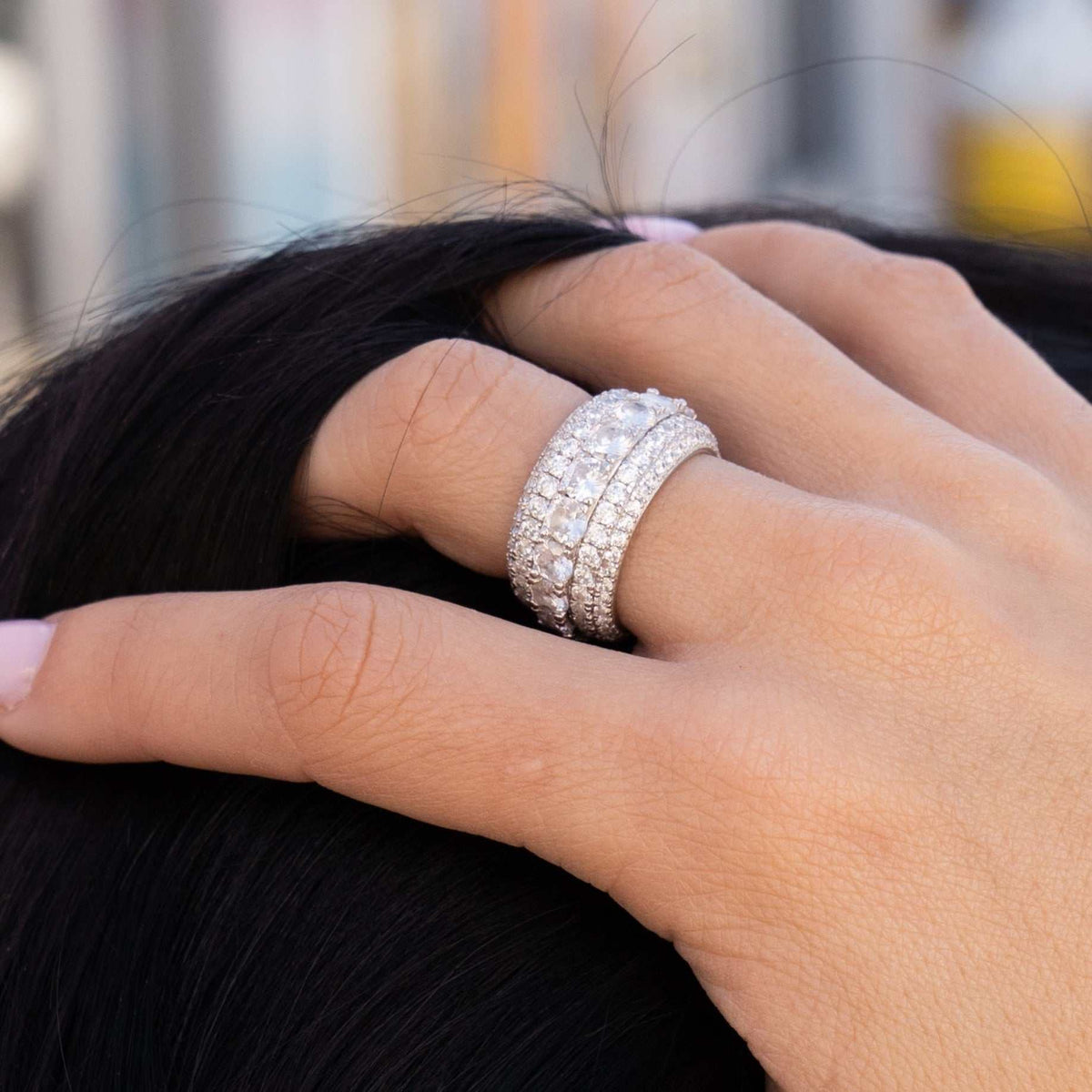 GLD Women 5 Layer Diamond Band Ring in White Gold Vermeil