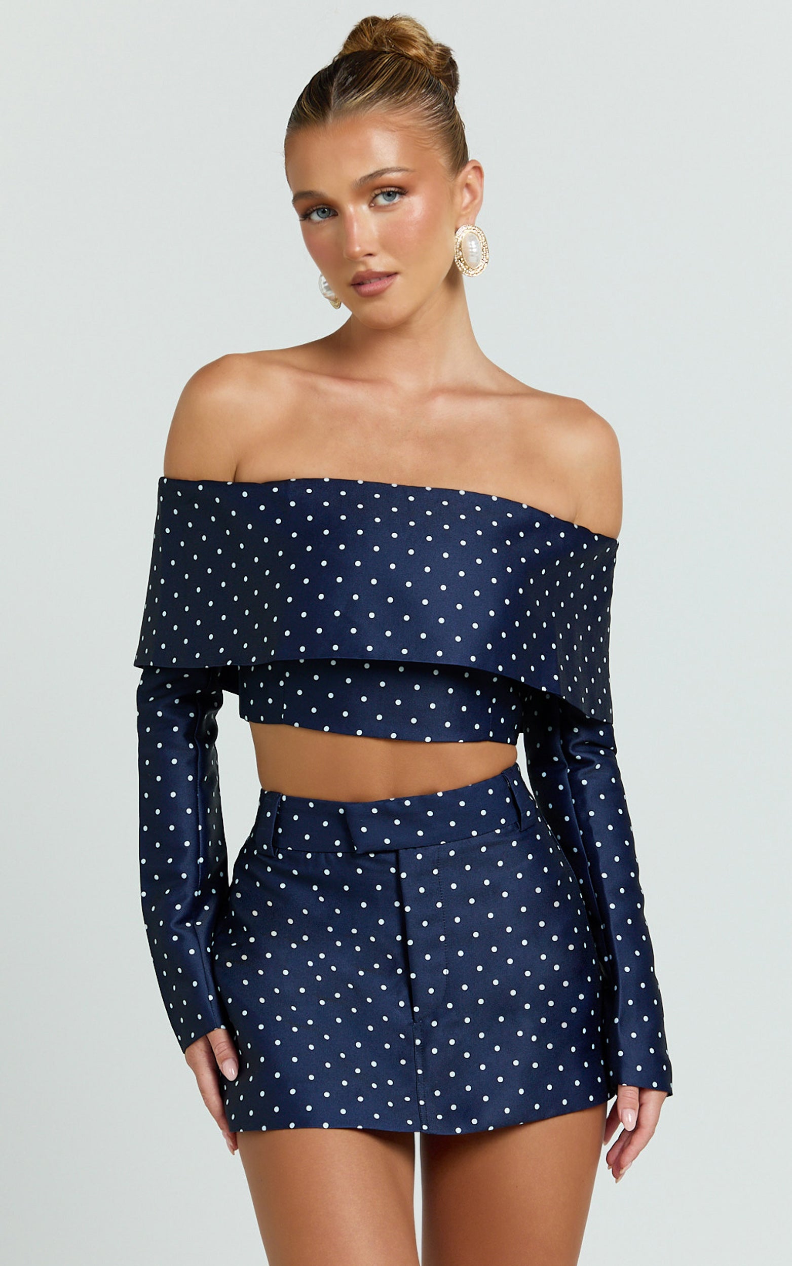 Lana Top - Long Sleeve Off Shoulder Cropped Top in Navy/White Polka Dot