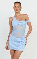 Lola Mini Dress - One Shoulder Contrast Bodycon Dress in Baby Blue