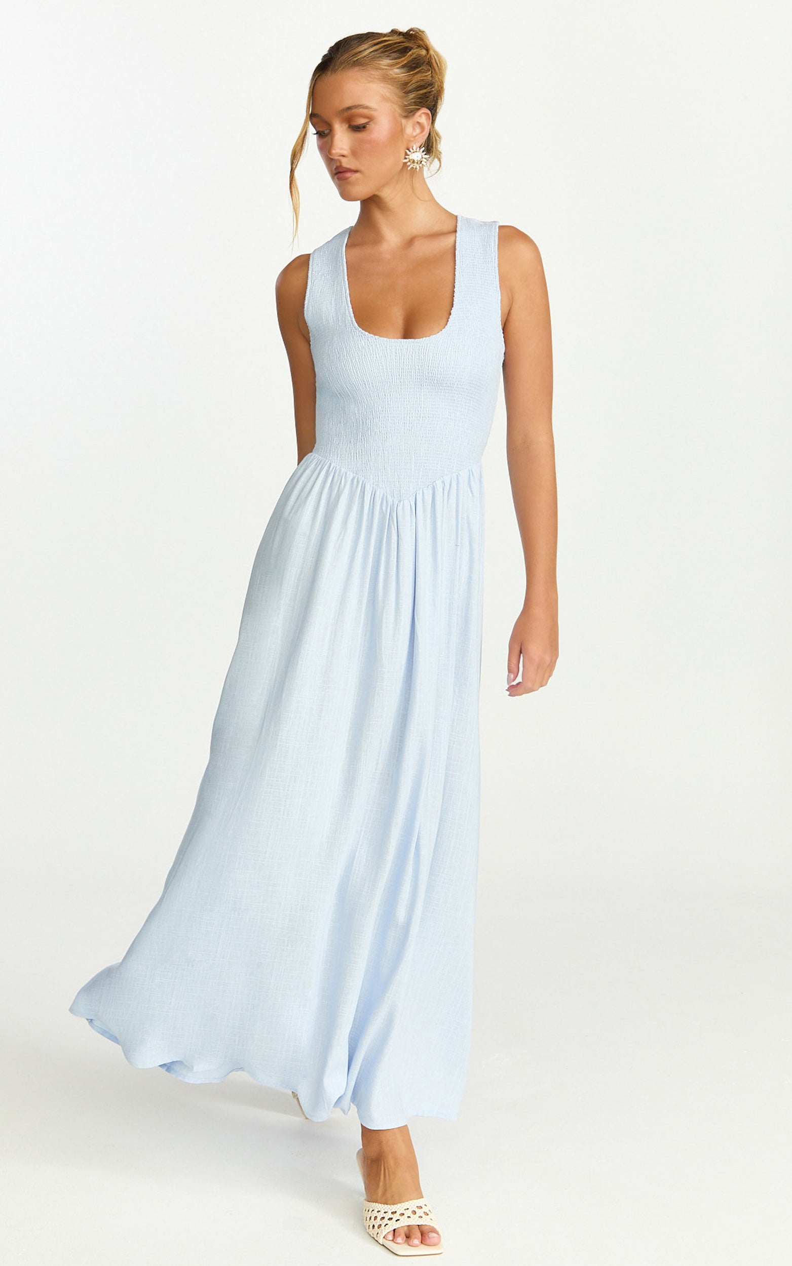 Luciana Maxi Dress - U Neck Smock Dress in Blue