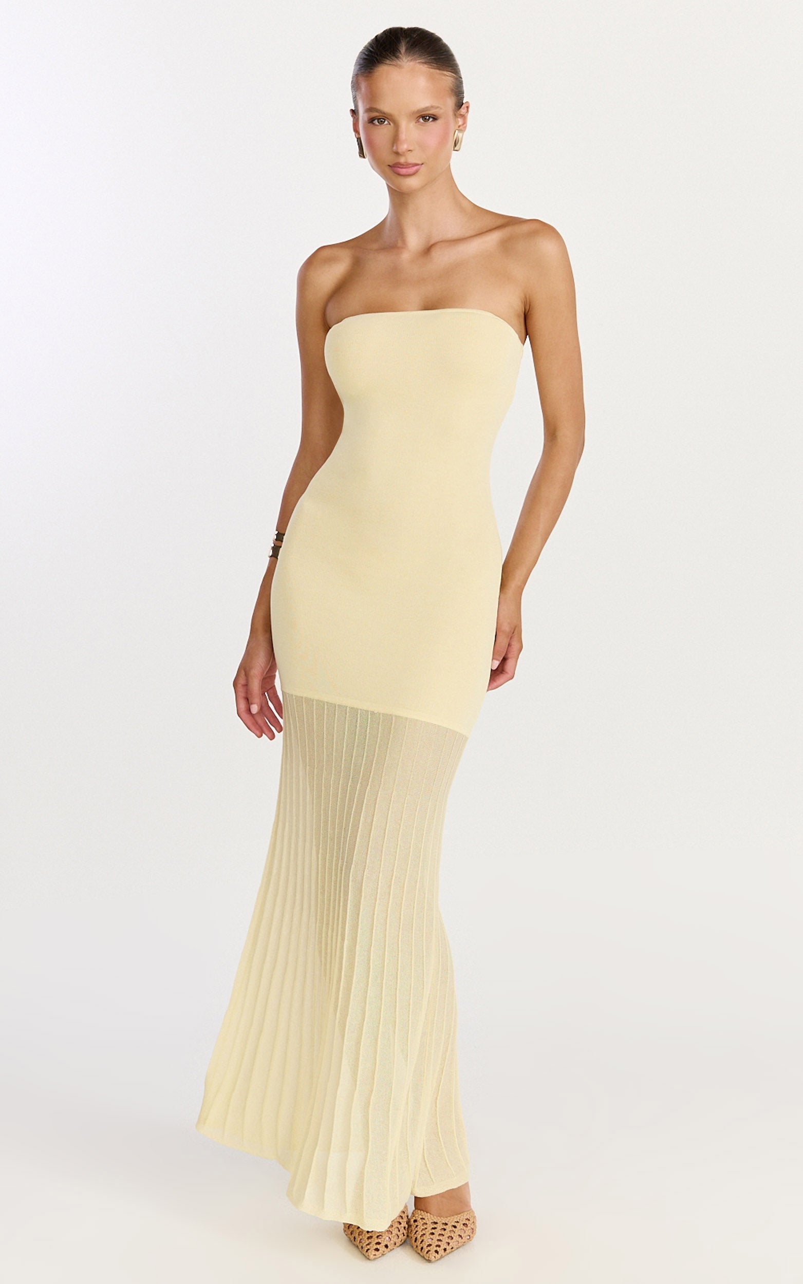 Lucy Maxi Dress - Strapless Pleated Skirt Knitted Dress in Lemon