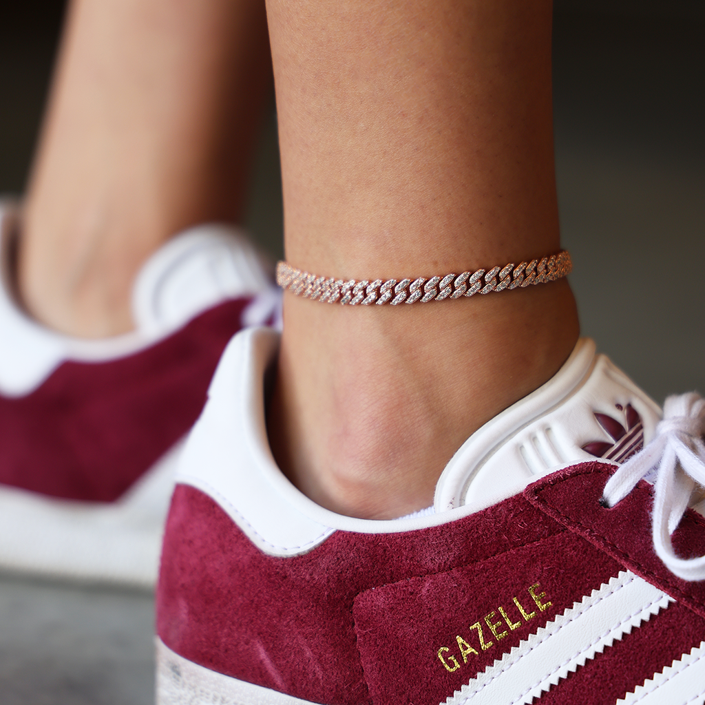 GLD PROMO - WOMEN Micro Diamond Prong Cuban Anklet in Rose Gold- 6mm