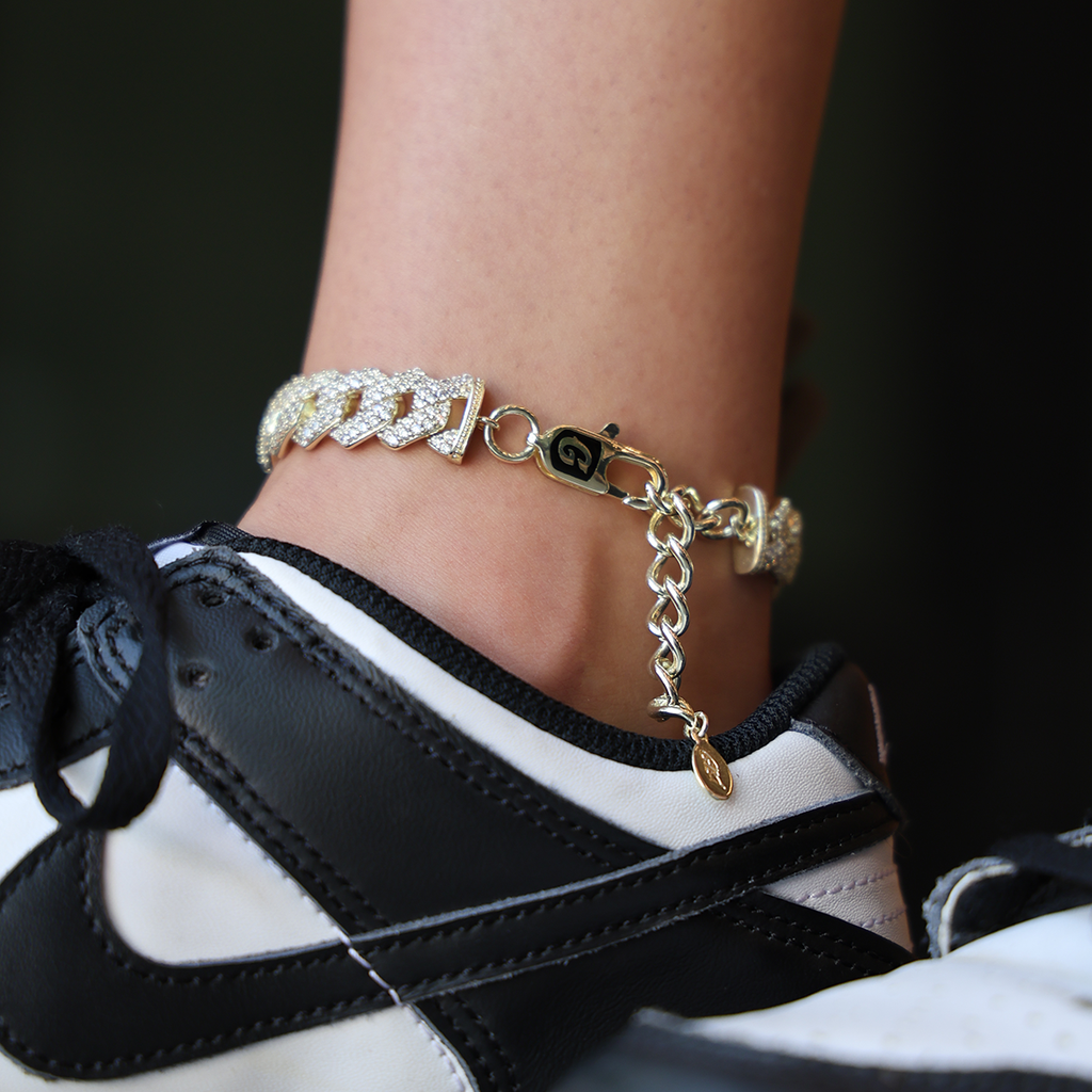 GLD PROMO - WOMEN Diamond Prong Cuban Anklet in Yellow Gold- 12mm