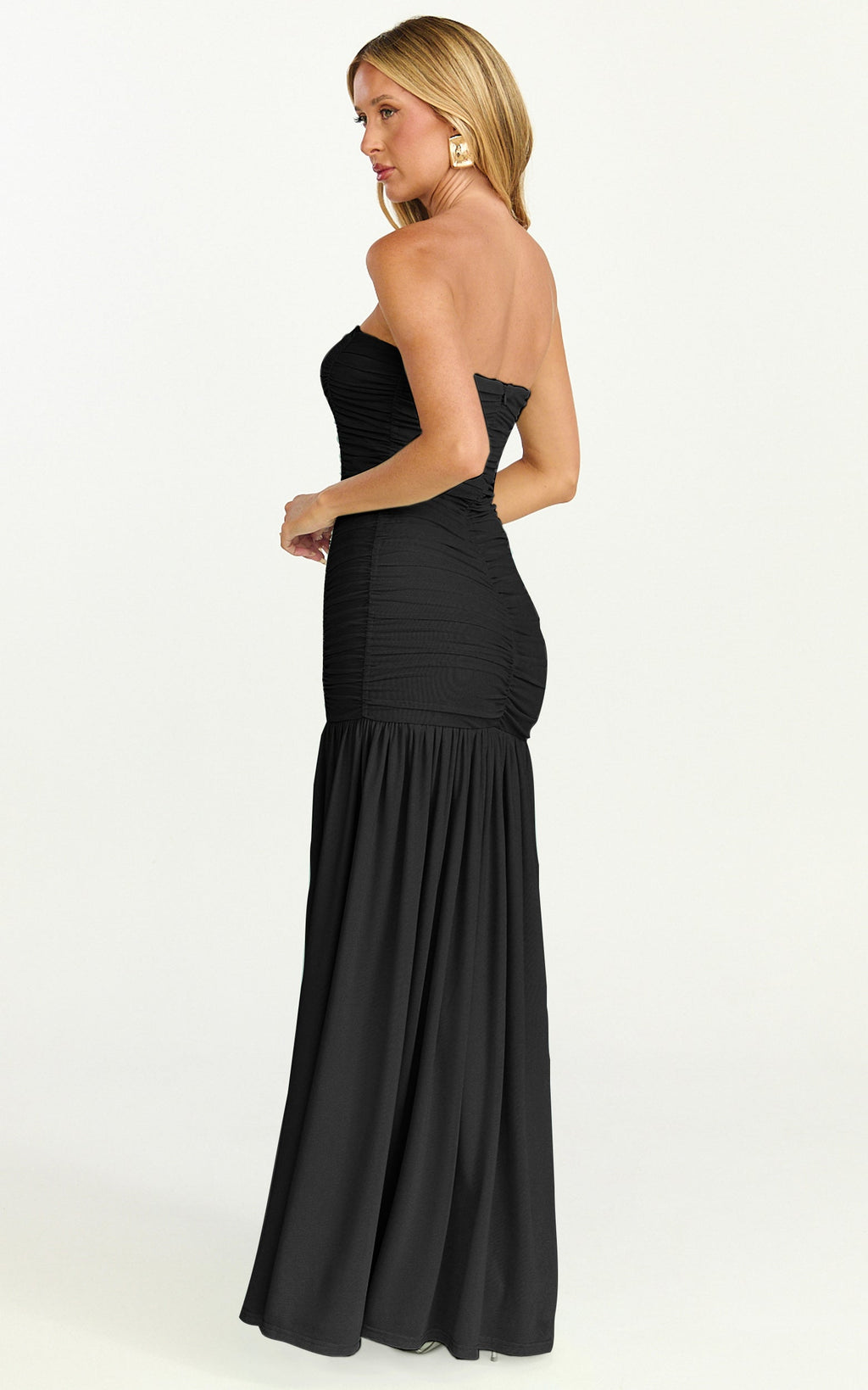 Marguerite Maxi Dress - Strapless Ruched Mesh High Leg Split Dress in Black