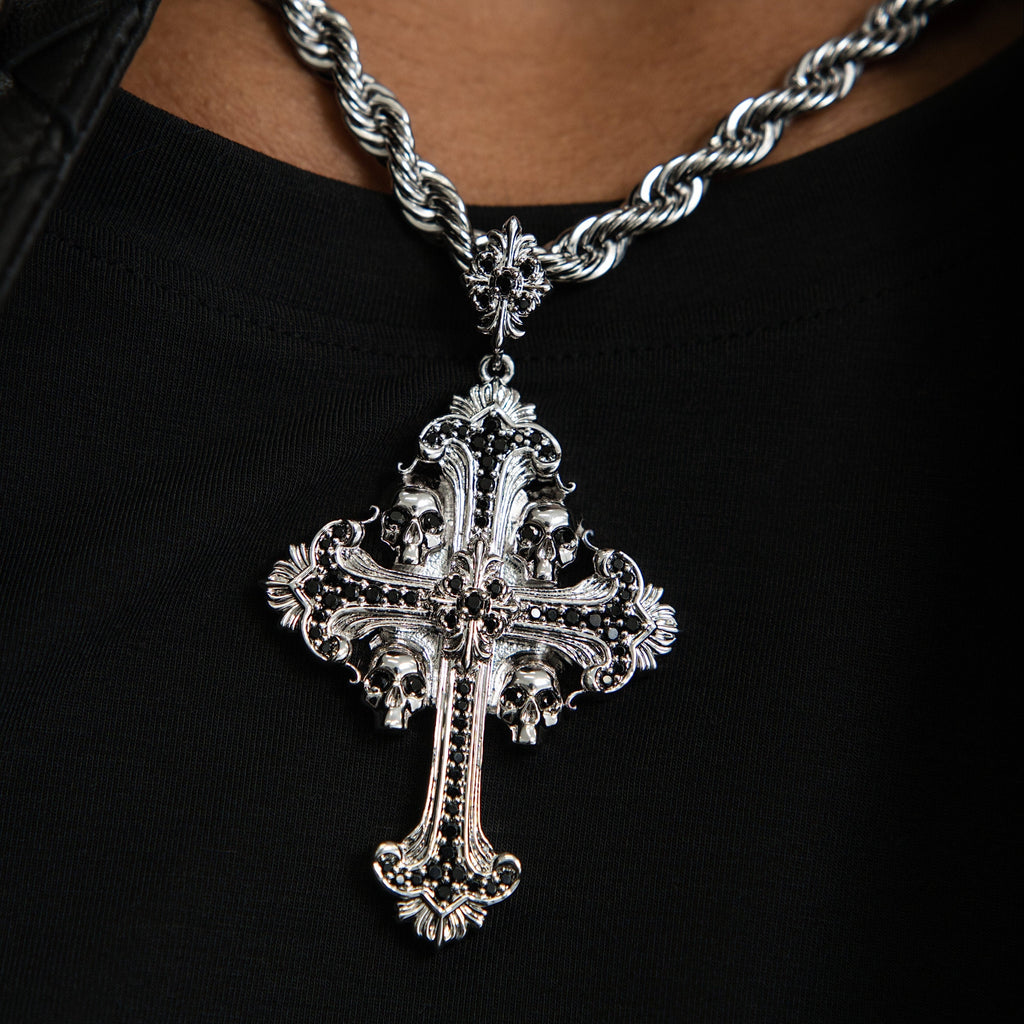 GLD Men Medieval Cross Black Stones Pendant in White Gold