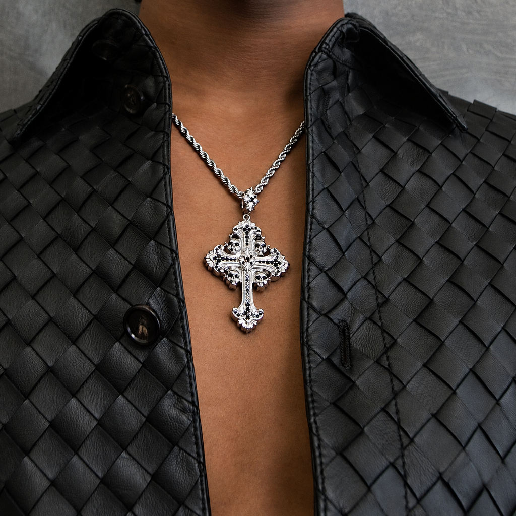 GLD Men Medieval Cross Black Stones Pendant in White Gold