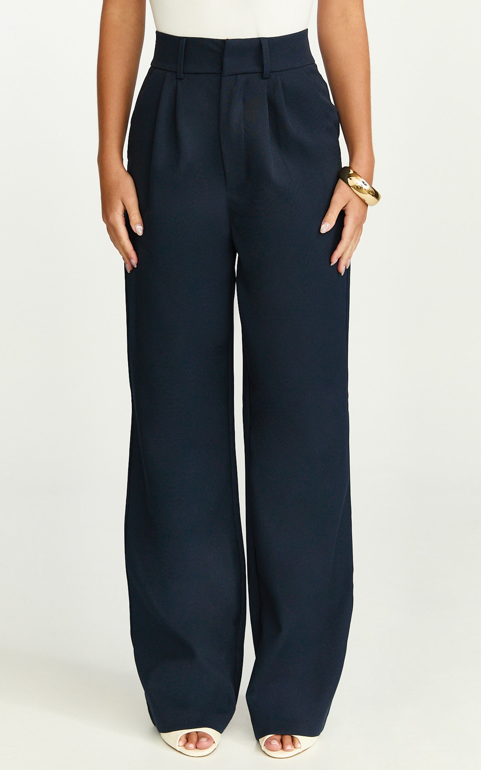 Melissa Pants - Pleat Front Wide Leg Tailored Pants in Navy