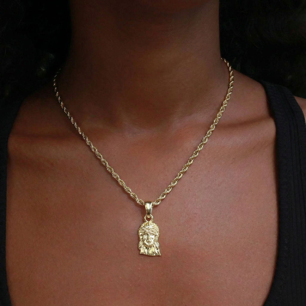 GLD Women Micro Diamond Crown Portrait of Jesus Pendant in Yellow Gold