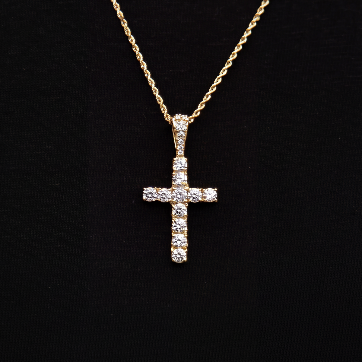 GLD Men Micro Diamond Cross Pendant + 2MM Rope Chain Bundle in Yellow Gold