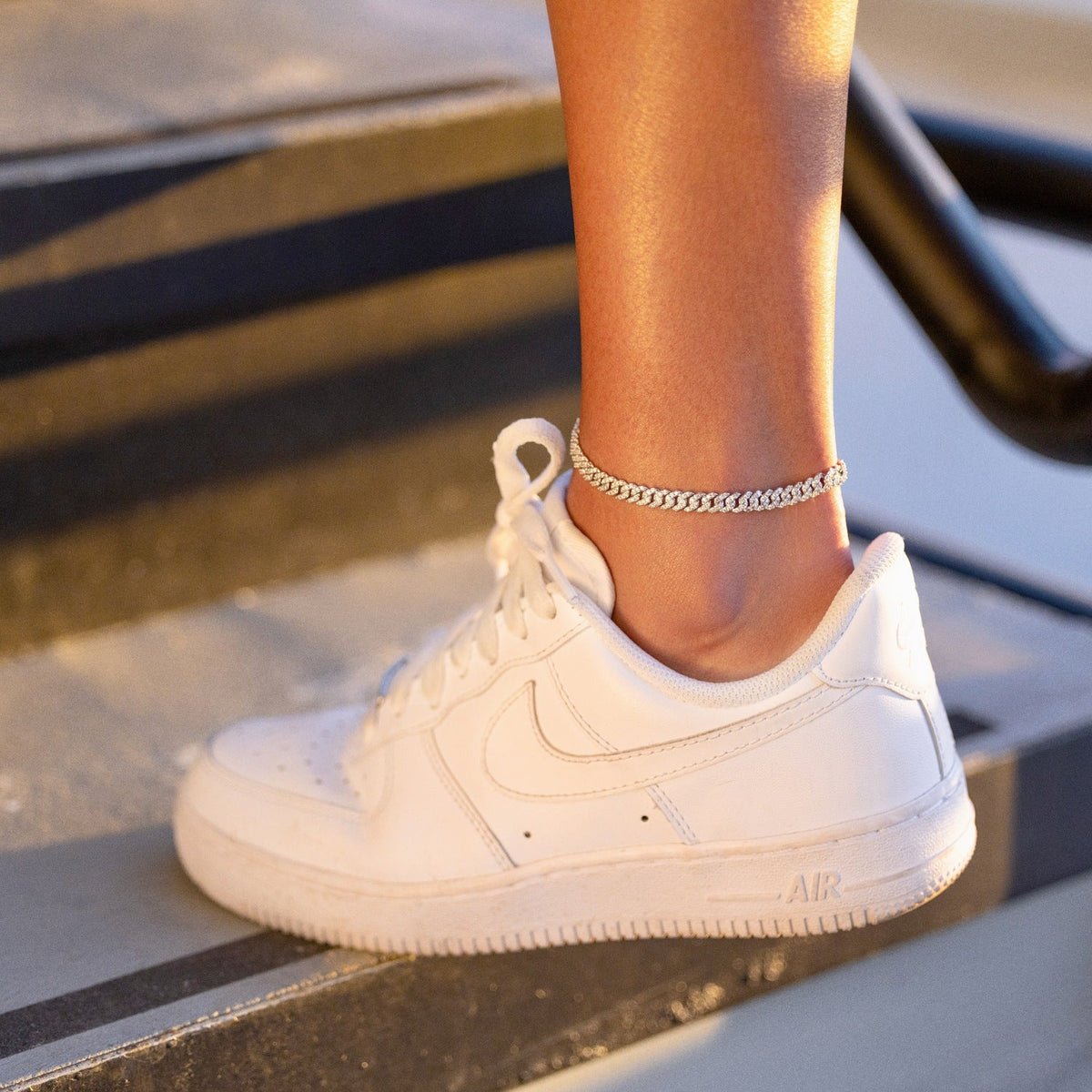GLD Women Micro Diamond Prong Cuban Anklet in White Gold - 6mm
