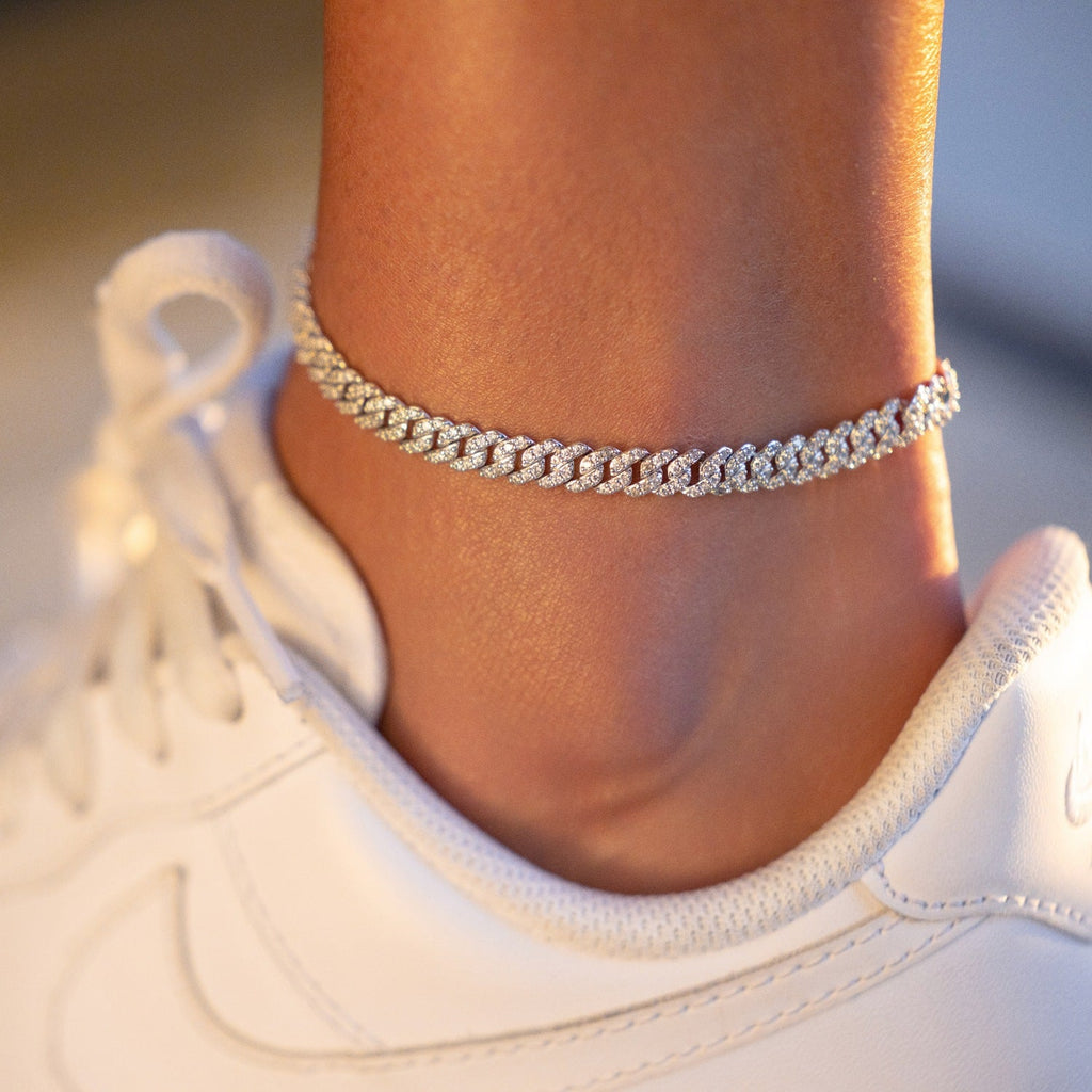 GLD Women Micro Diamond Prong Cuban Anklet in White Gold - 6mm