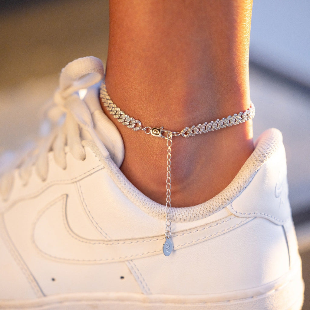GLD Women Micro Diamond Prong Cuban Anklet in White Gold - 6mm