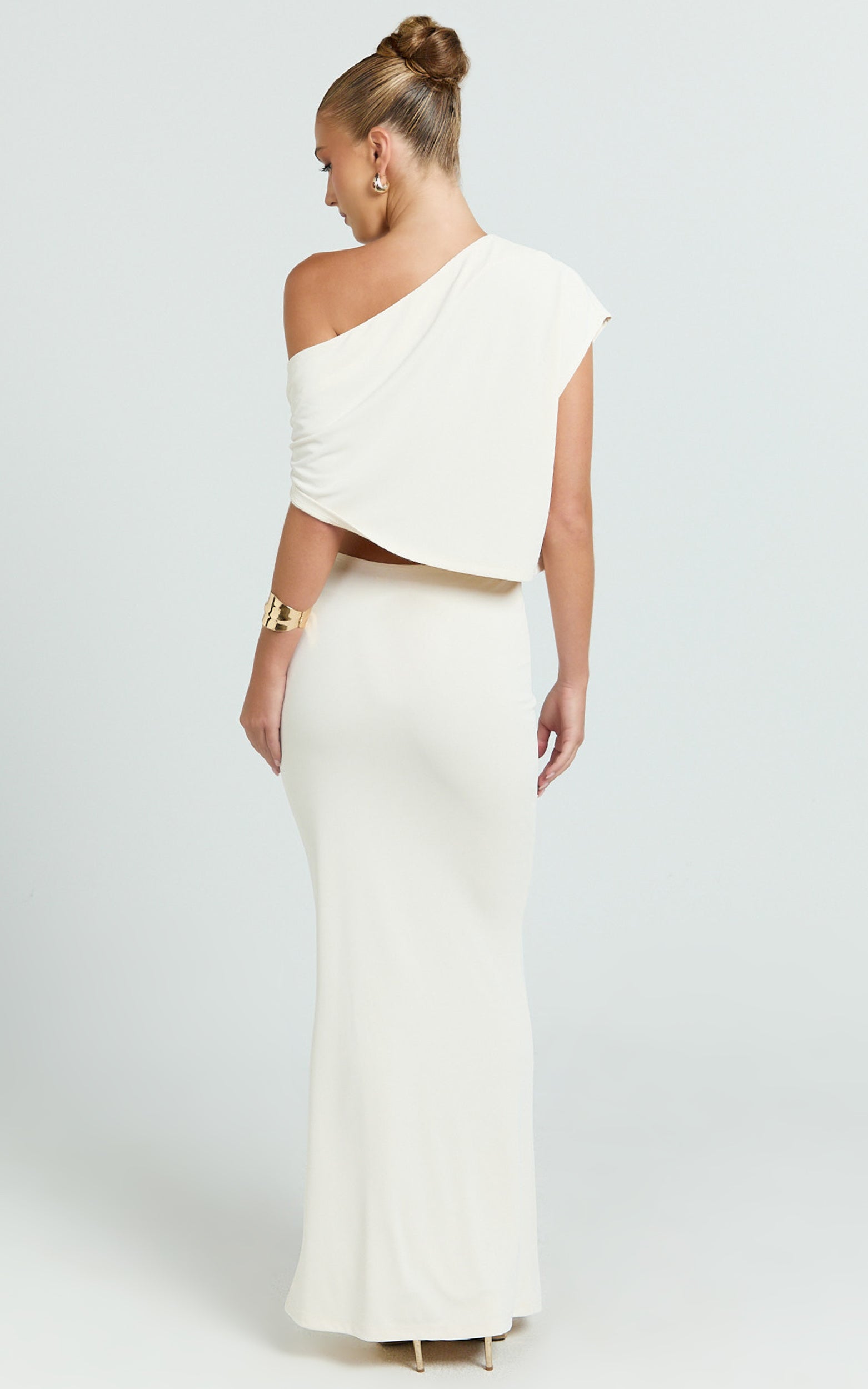 Mila Two Piece Top And Skirt Set - Asymmetric Cape Top And Ruched Floral Trim Maxi Skirt in Ivory
