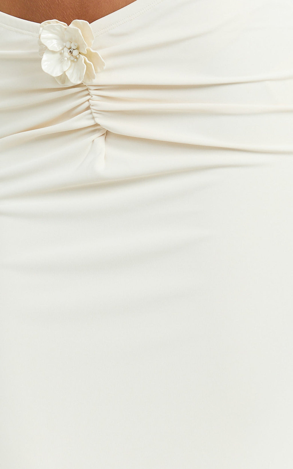 Mila Two Piece Top And Skirt Set - Asymmetric Cape Top And Ruched Floral Trim Maxi Skirt in Ivory