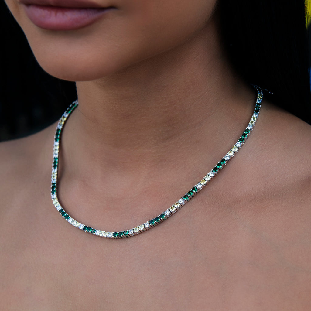 GLD Women 3MM Diamond Tennis Necklace - Green Yellow White