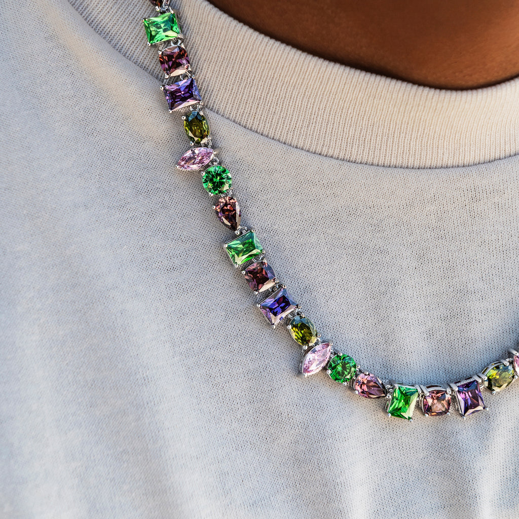 GLD Men Floating Multicolor Stone Chain in White Gold