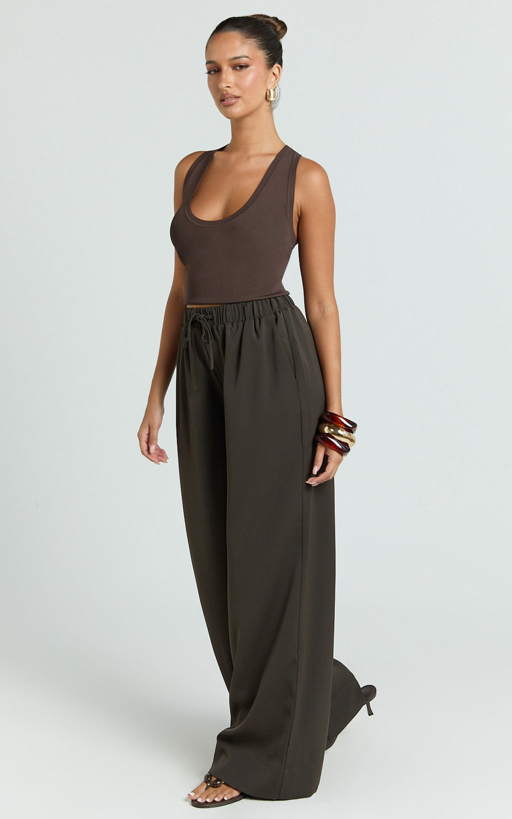 Nicole Pants - High Waist Elasticated Gathered Waist Wide Leg Pants in Chocolate