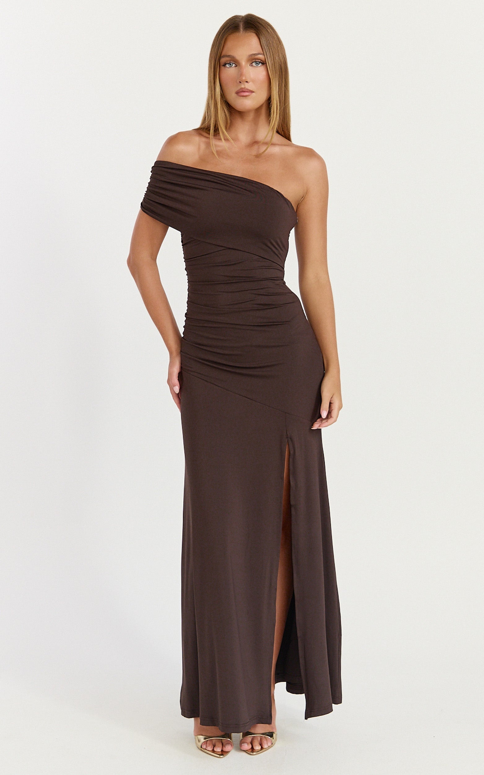 Opal Maxi Dress - Off Shoulder Gathered Bodice Fit And Flare Dress in Dark Chocolate