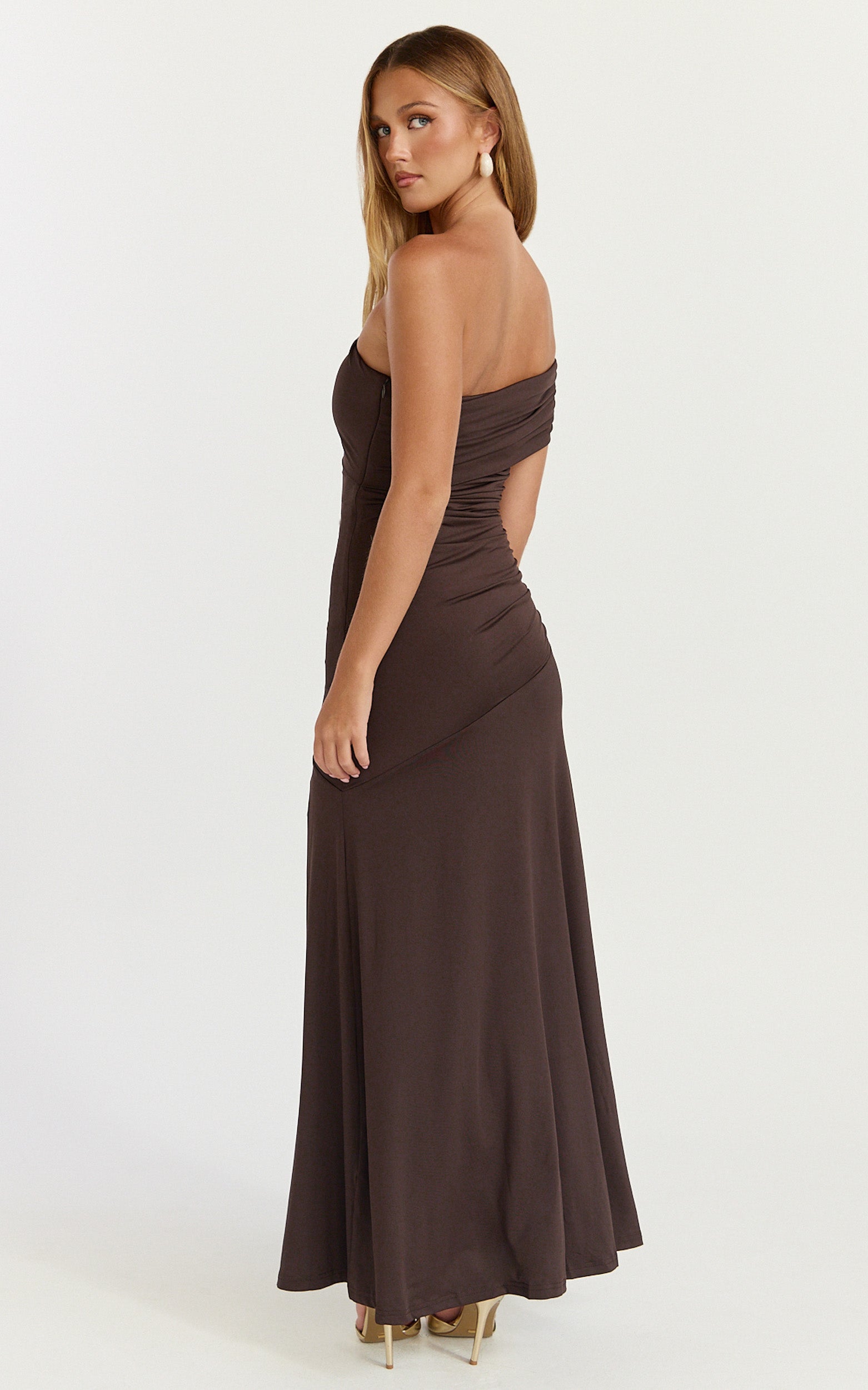Opal Maxi Dress - Off Shoulder Gathered Bodice Fit And Flare Dress in Dark Chocolate