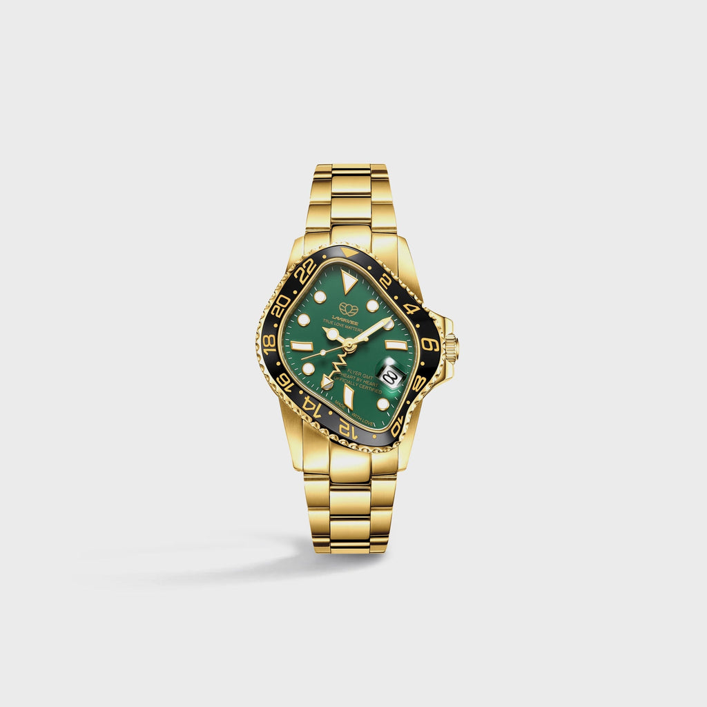 LAARVEE Golden Precision Steel - Black Ceramic Bezel / Green Dial