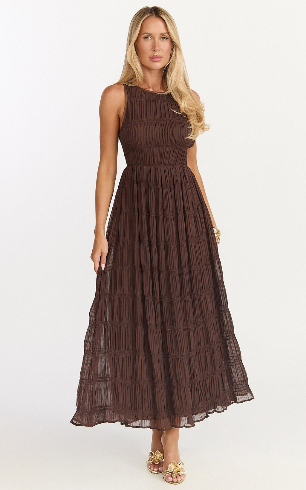Paloma Midi Dress - Ruched Shift Dress in Chocolate