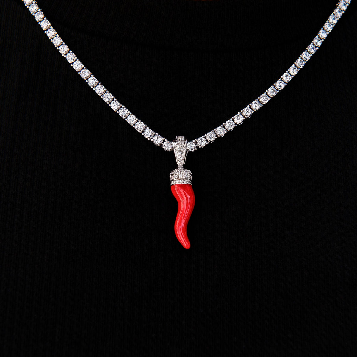 GLD PROMO Iced Red Italian Horn Pendant in White Gold