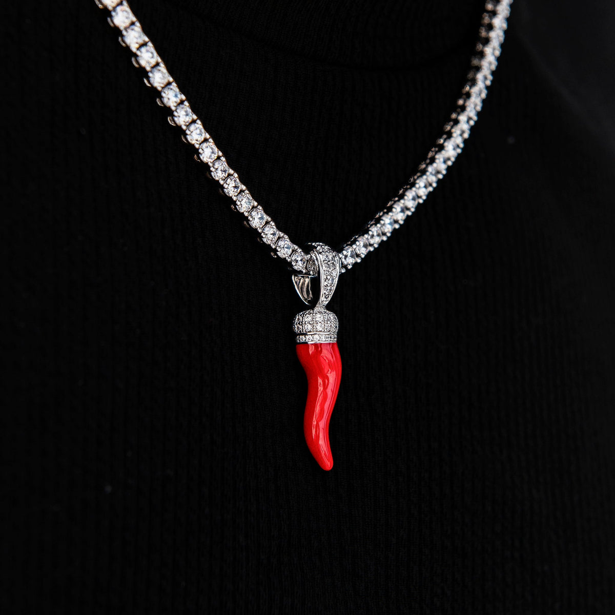 GLD PROMO Iced Red Italian Horn Pendant in White Gold