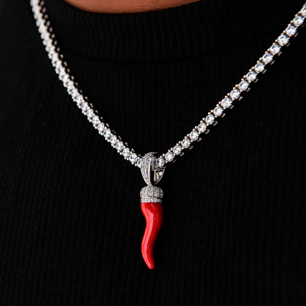 GLD PROMO Iced Red Italian Horn Pendant in White Gold