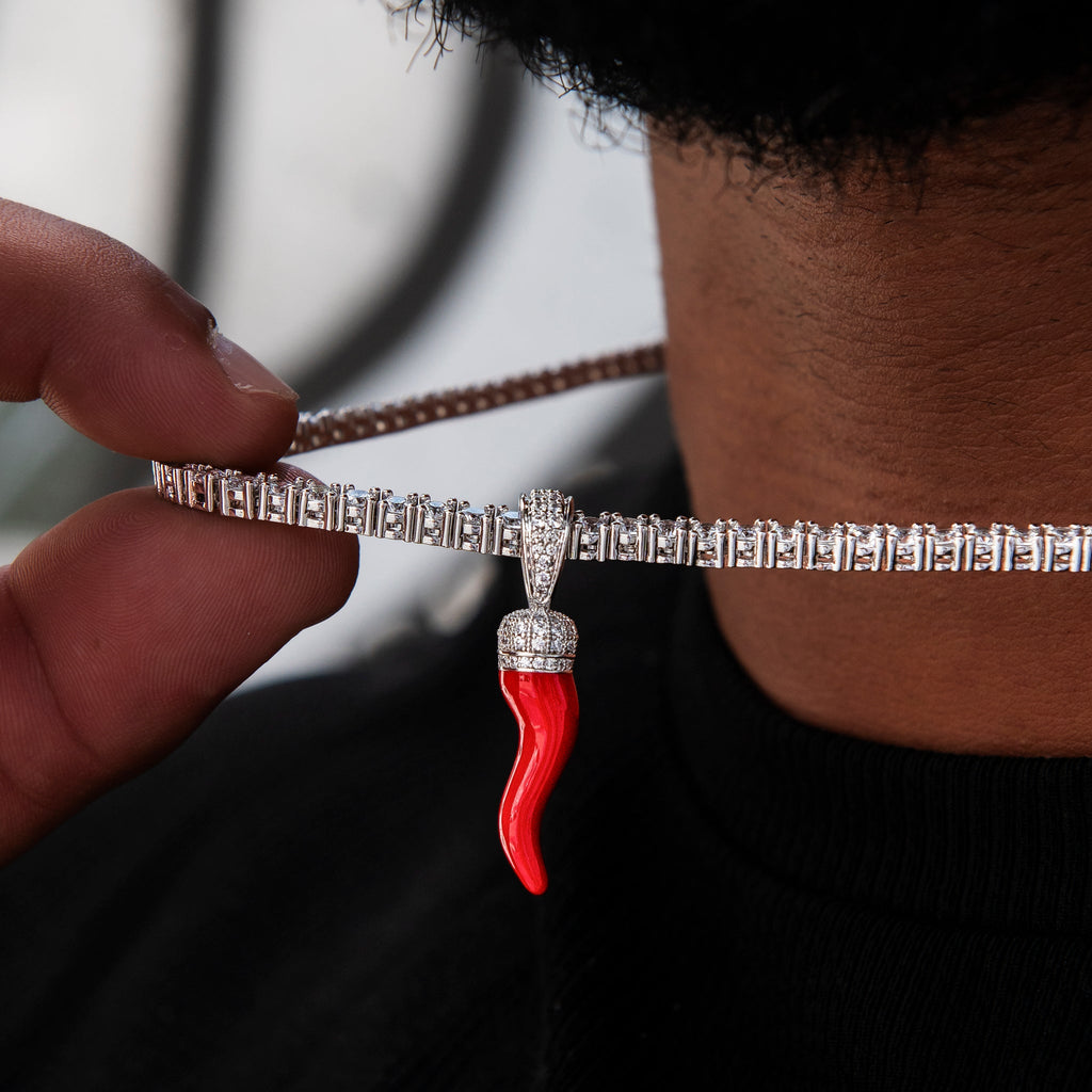 GLD PROMO Iced Red Italian Horn Pendant in White Gold