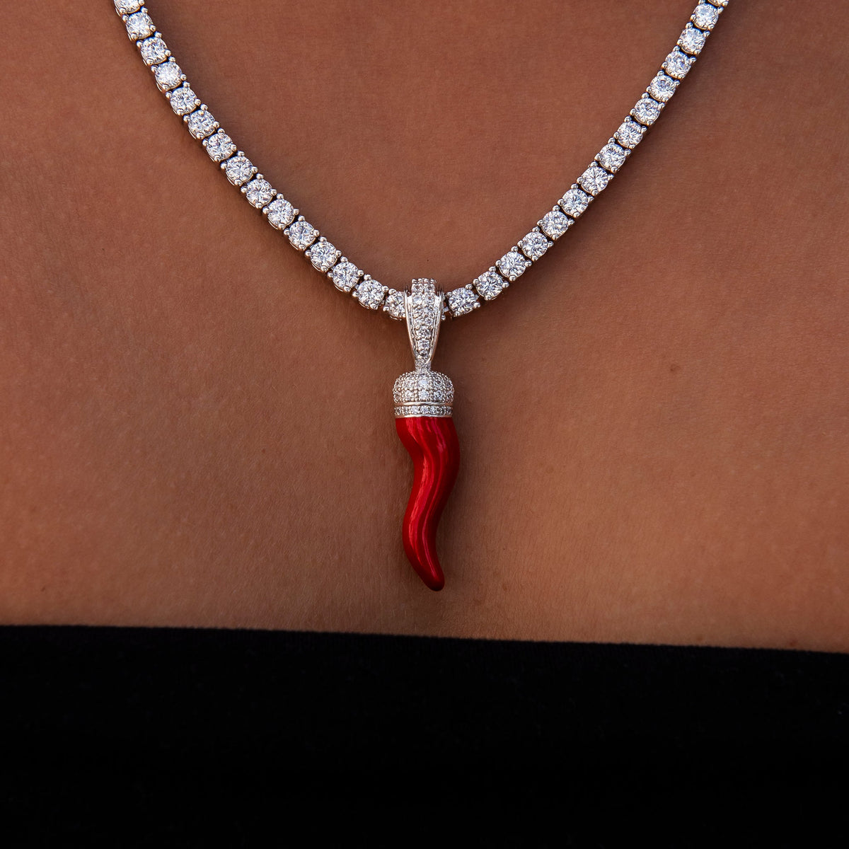 GLD PROMO - WOMEN Iced Red Italian Horn Pendant in White Gold