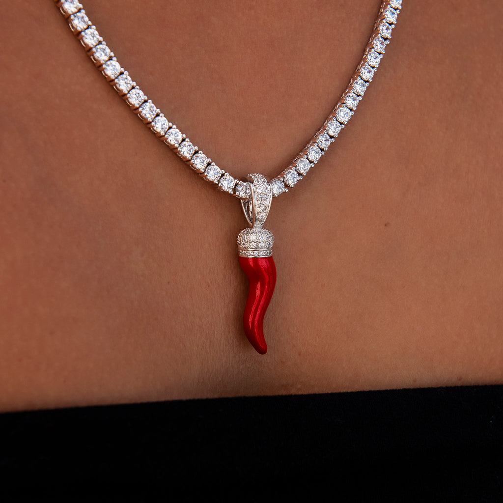 GLD PROMO - WOMEN Iced Red Italian Horn Pendant in White Gold