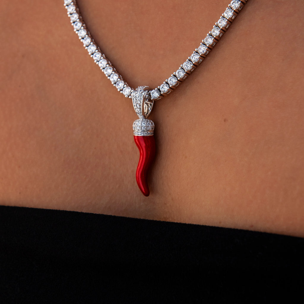 GLD PROMO - WOMEN Iced Red Italian Horn Pendant in White Gold