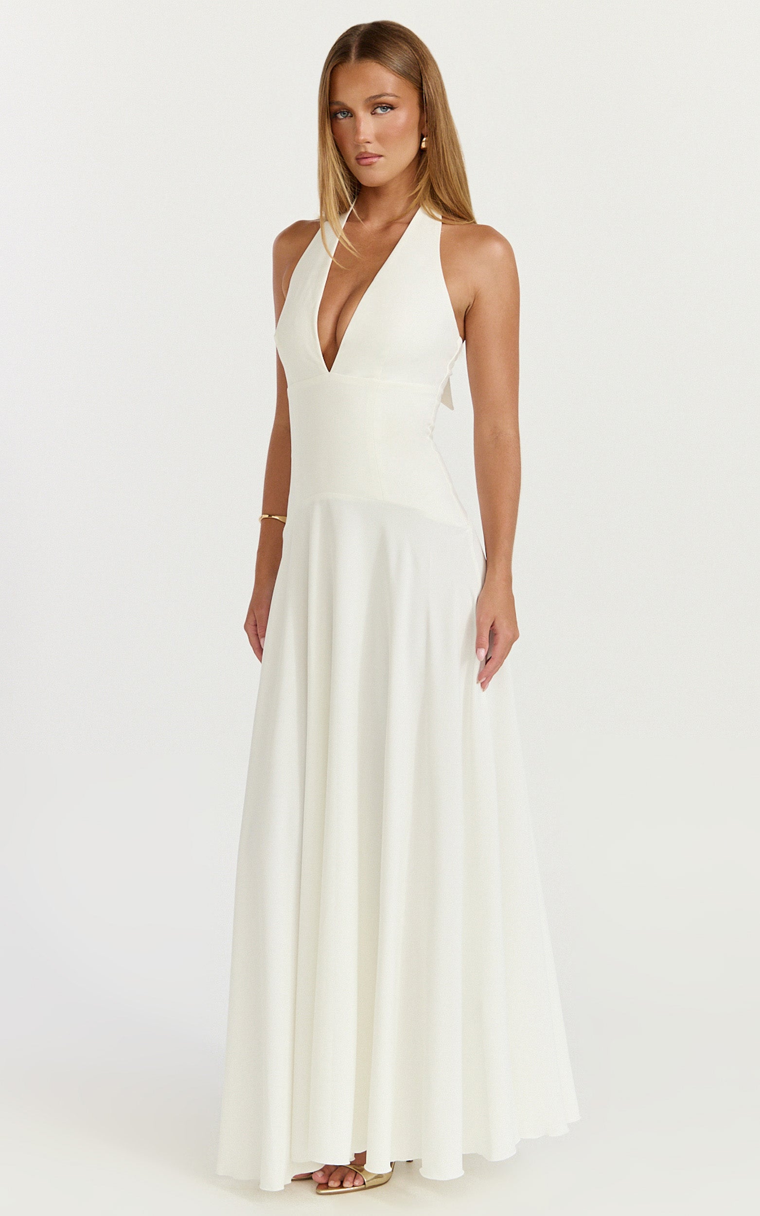 Poppy Maxi Dress - Contrast Skirt Deep Plunge Halter Dress in Off White
