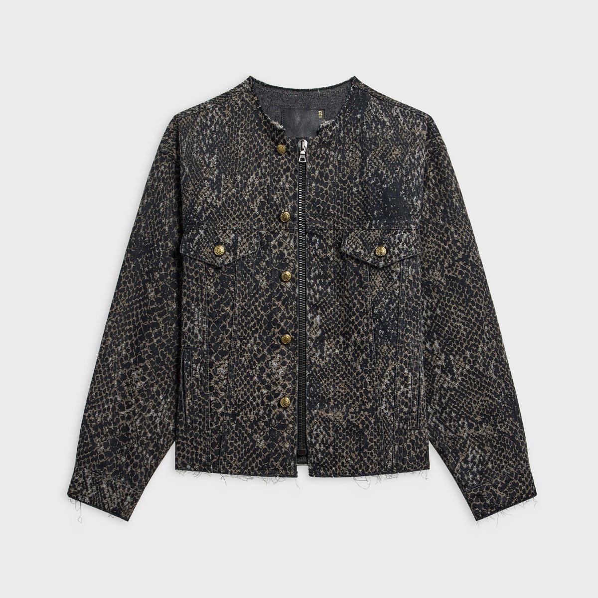 R13 Collarless Zip-Up Trucker Jacket - Brown Snake Jacquard