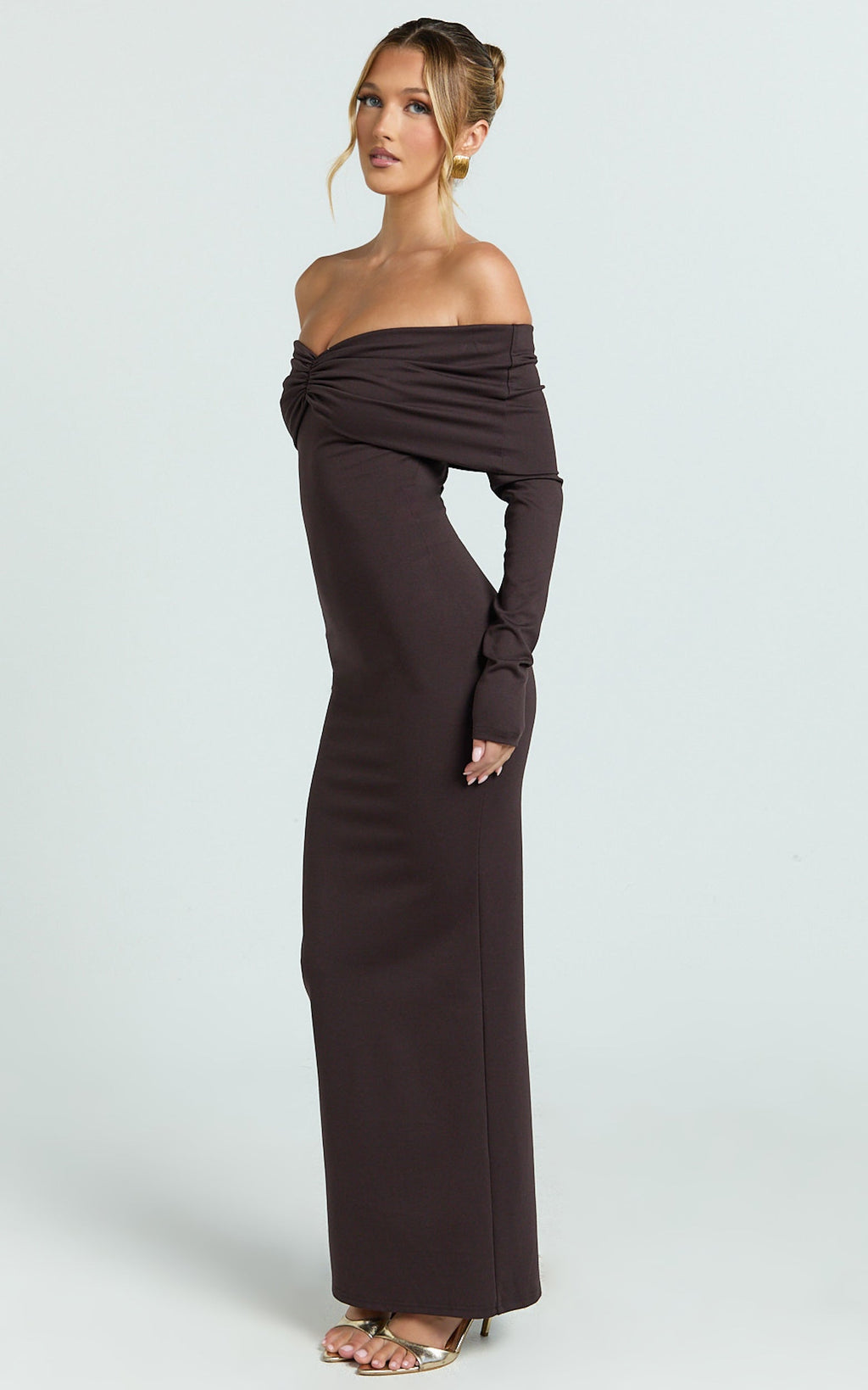 Rani Maxi Dress - Off Shoulder Long Sleeve Bodycon Dress in Chocolate