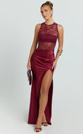 Reeves Maxi Dress - Contrast Lace High Neck Fitted Satin Dress in Wine