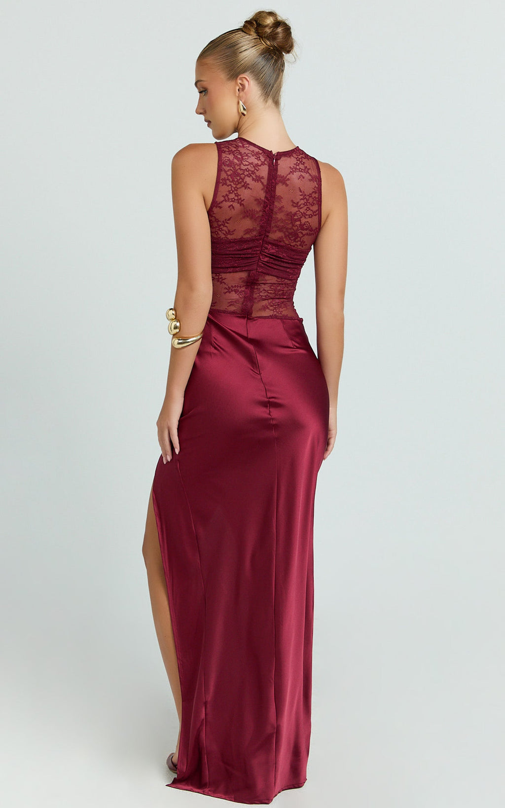 Reeves Maxi Dress - Contrast Lace High Neck Fitted Satin Dress in Wine