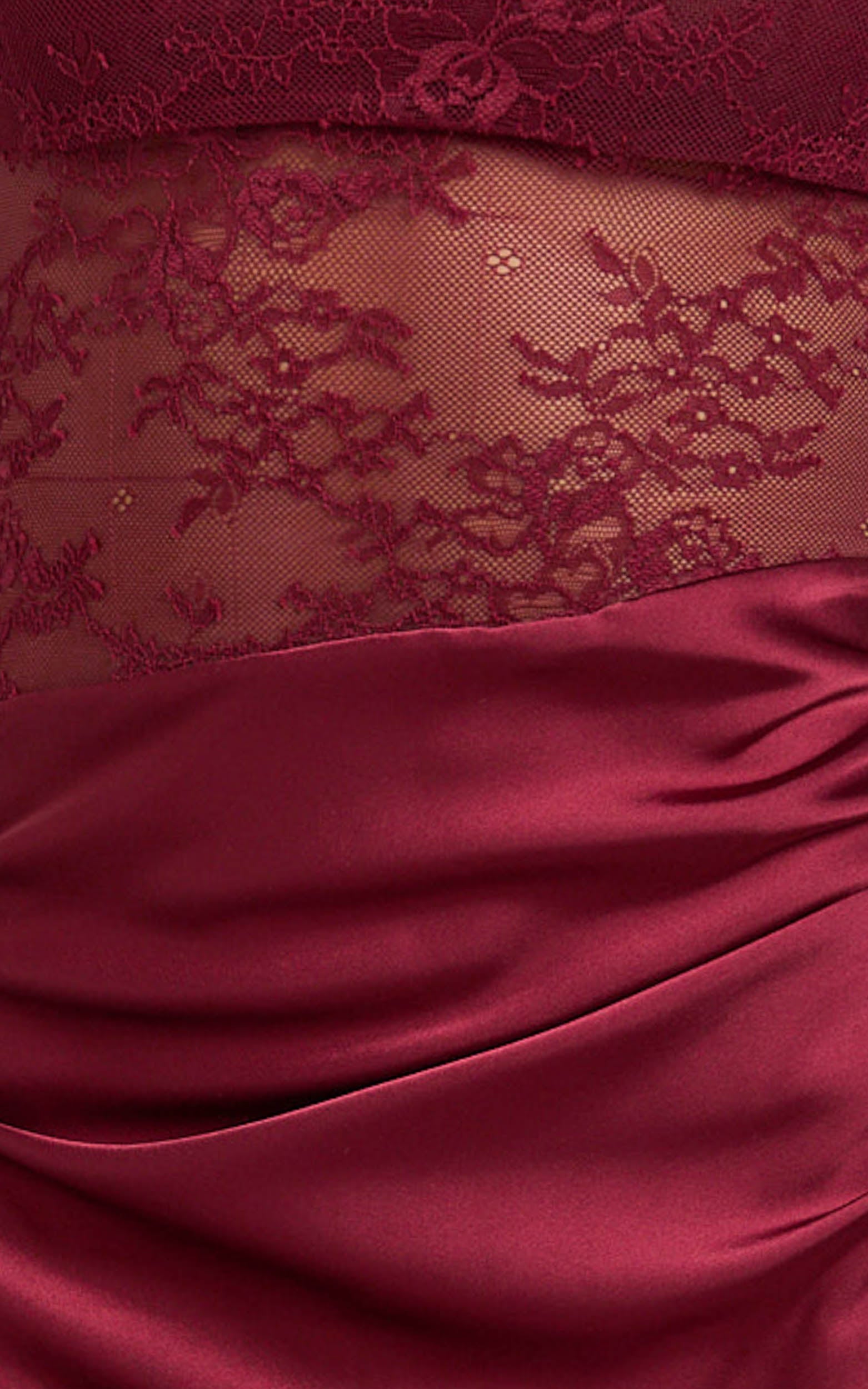 Reeves Maxi Dress - Contrast Lace High Neck Fitted Satin Dress in Wine