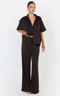 Robyn Pants - High Elastic Waist Relaxed Straight Leg Pants in Chocolate