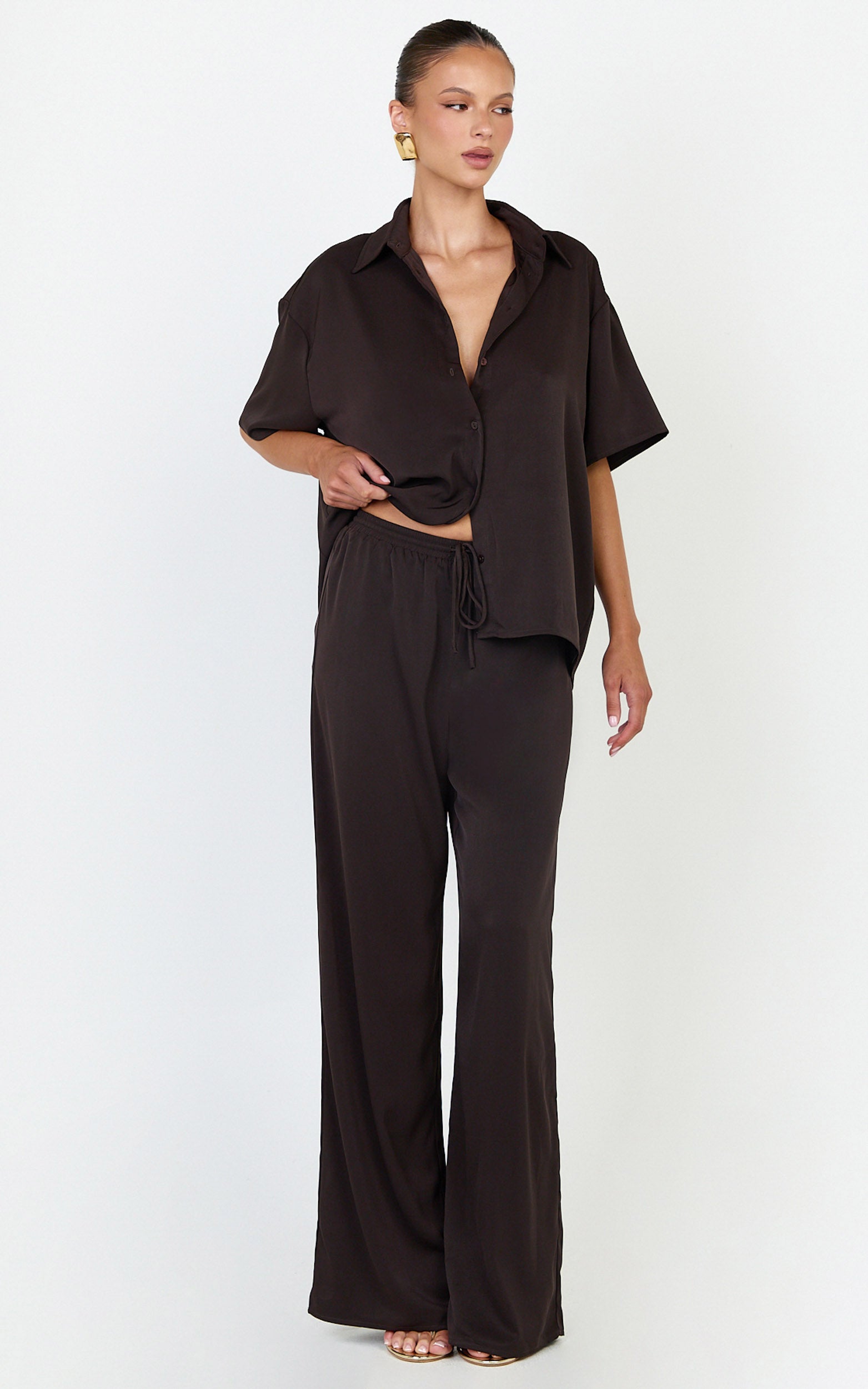 Robyn Pants - High Elastic Waist Relaxed Straight Leg Pants in Chocolate
