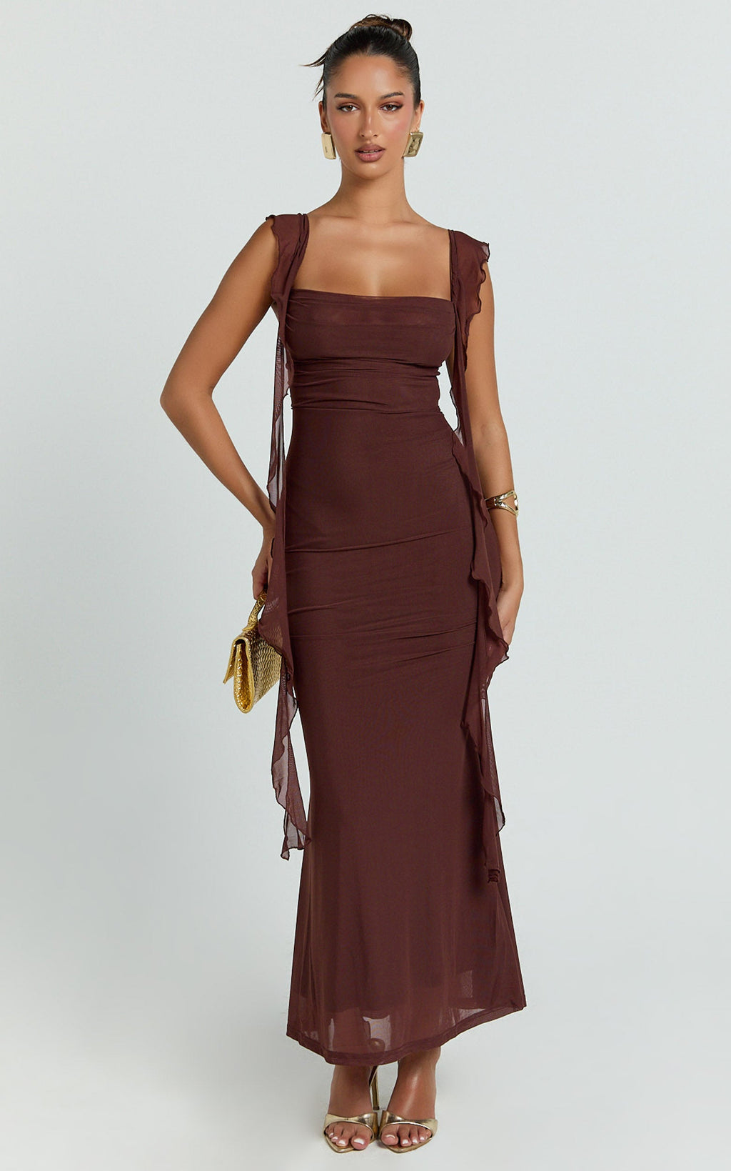 Rosha Midi Dress - Ruffle Strap Dress in Chocolate