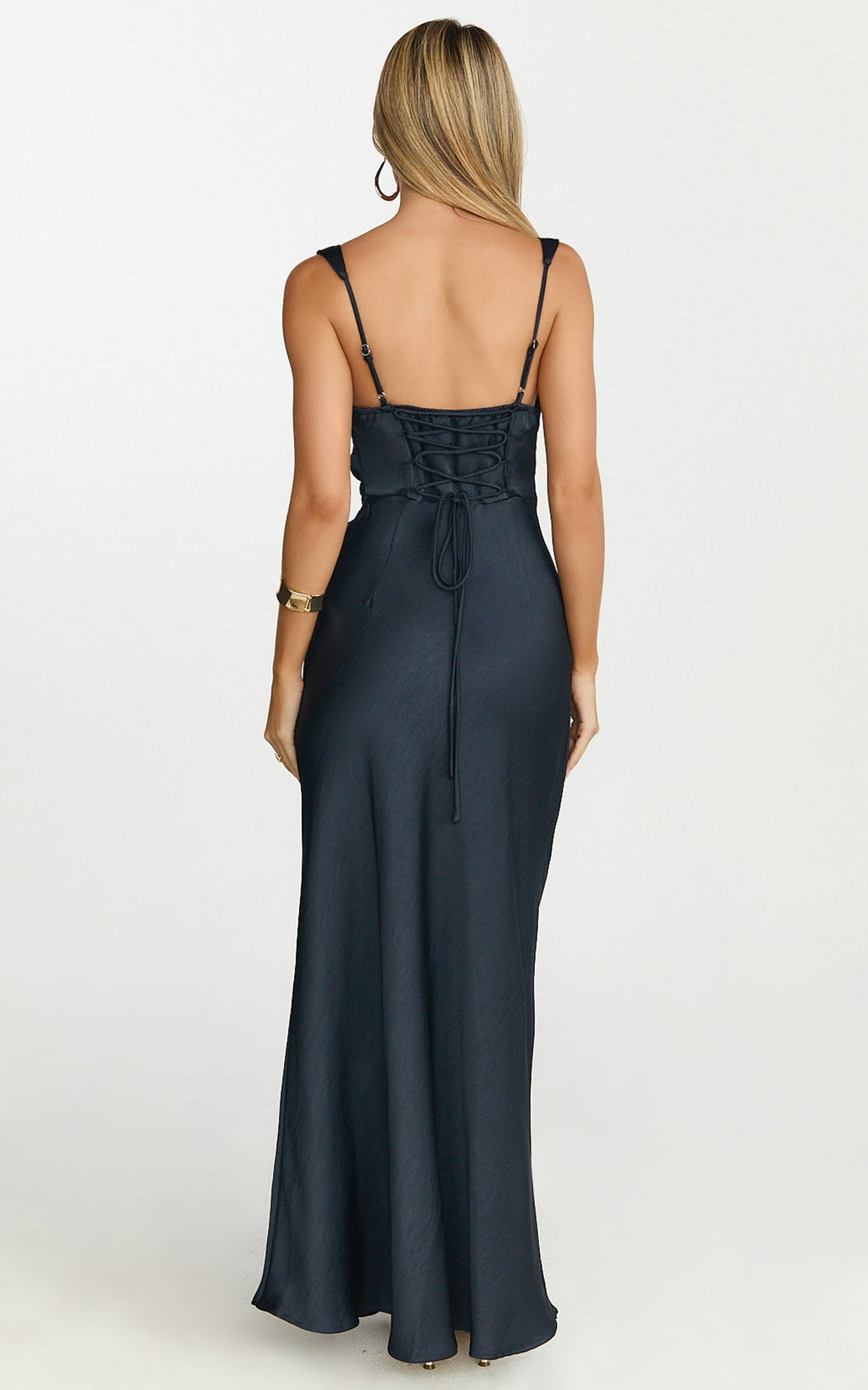 Rumi Maxi Dress - Ruched Bodice Satin Dress in Navy