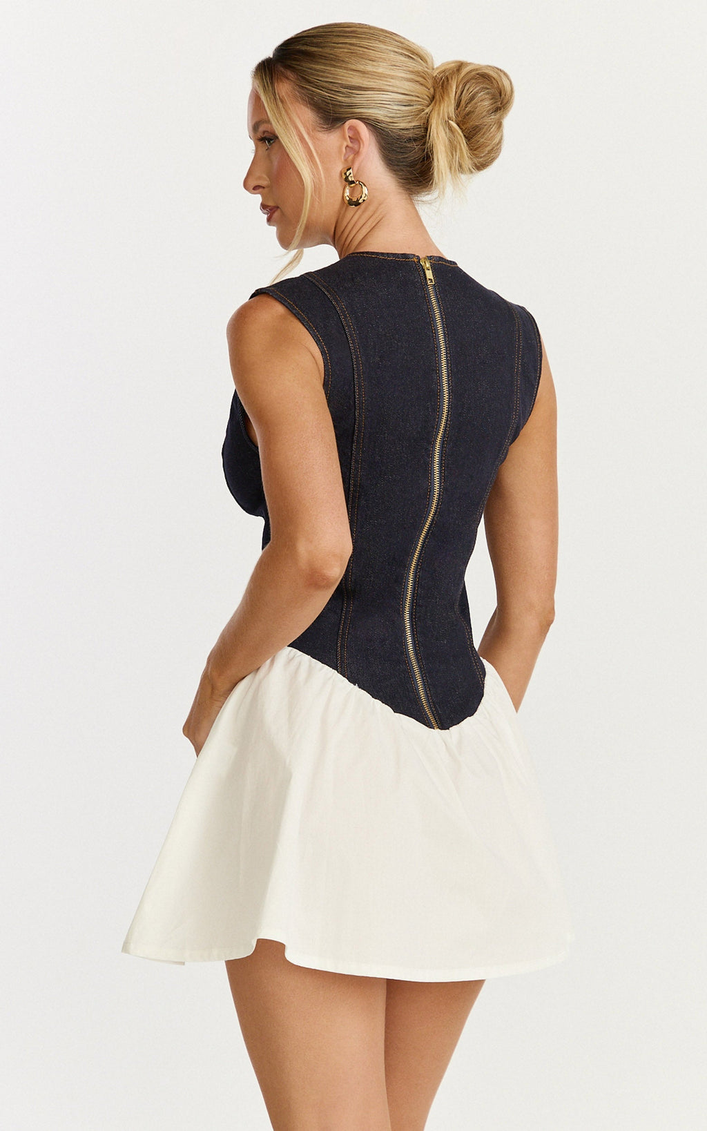 Schiffer Mini Dress - Low Cut Notch Neck Contrast Denim Mini Dress in Raw