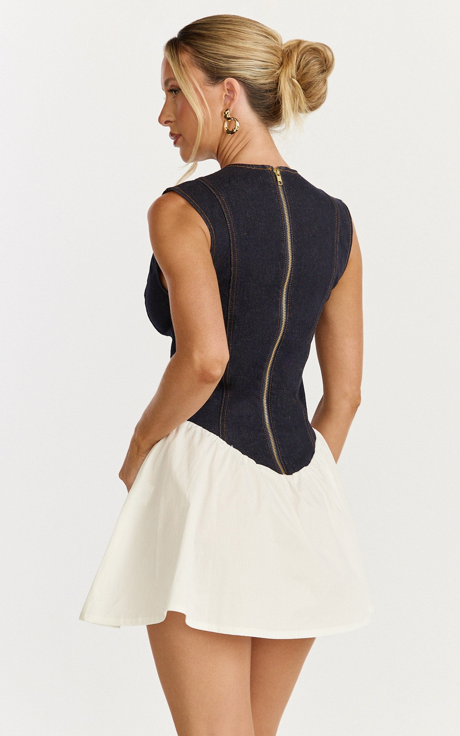 Schiffer Mini Dress - Low Cut Notch Neck Contrast Denim Mini Dress in Raw