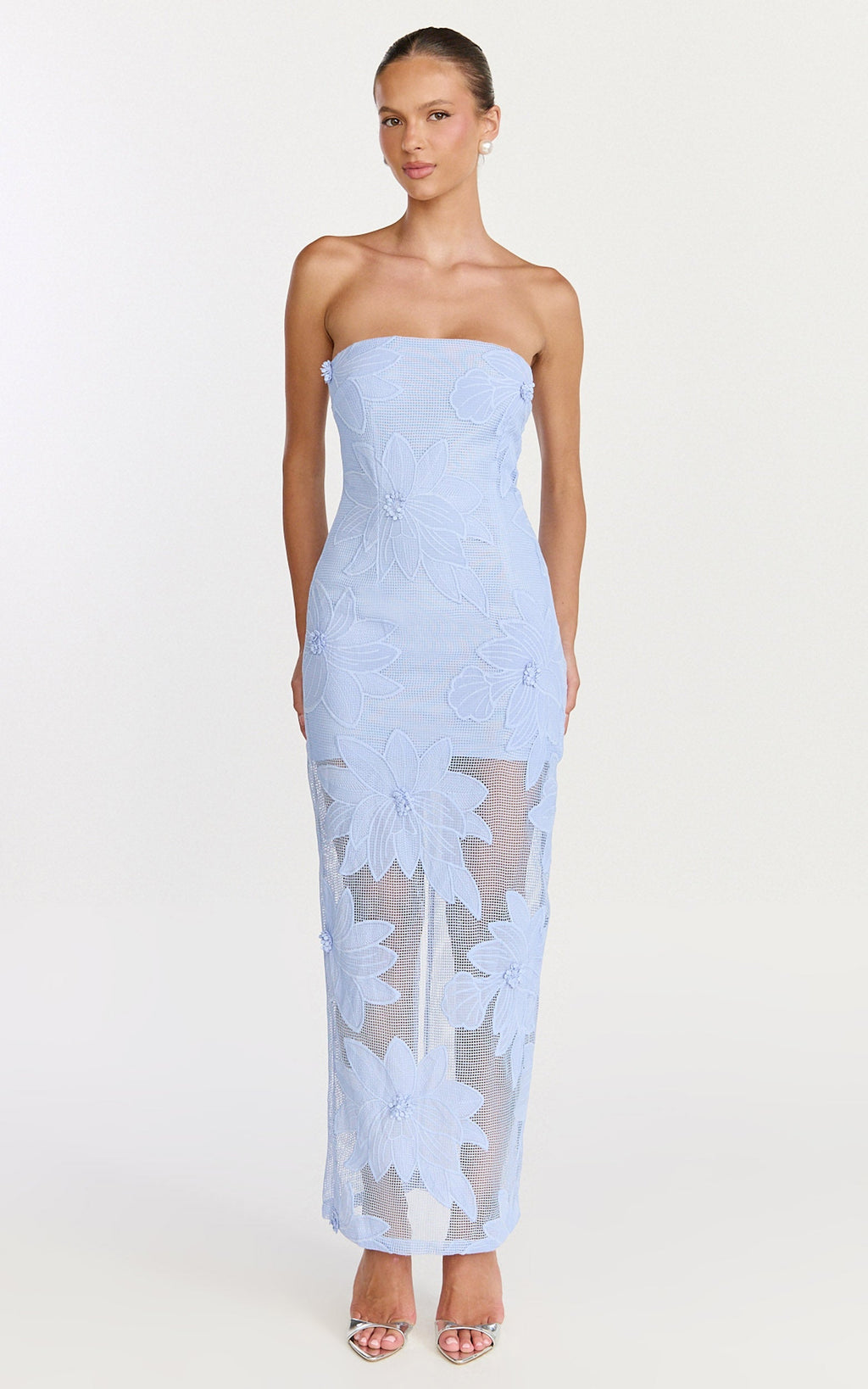 Sienna Midi Dress - Strapless Floral Embroidered Bodycon Dress in Blue