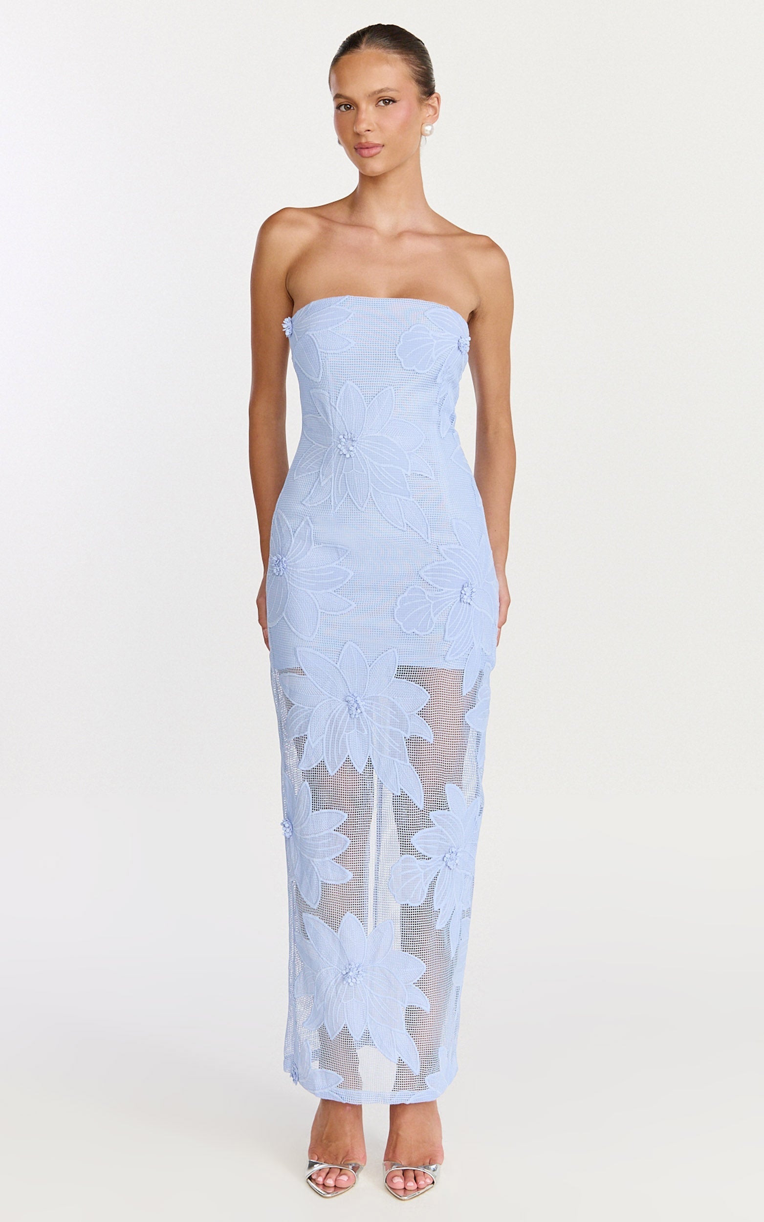 Sienna Midi Dress - Strapless Floral Embroidered Bodycon Dress in Blue
