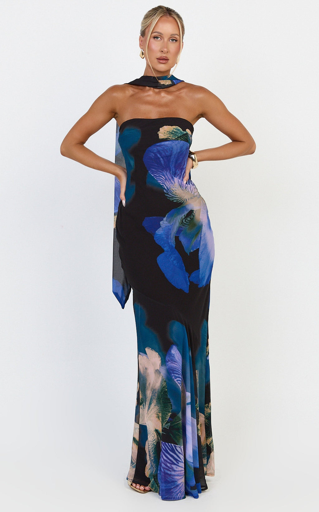 Solara Maxi Dress - Strapless Bias Column Dress with Scarf in Midnight Resort Orchid Print