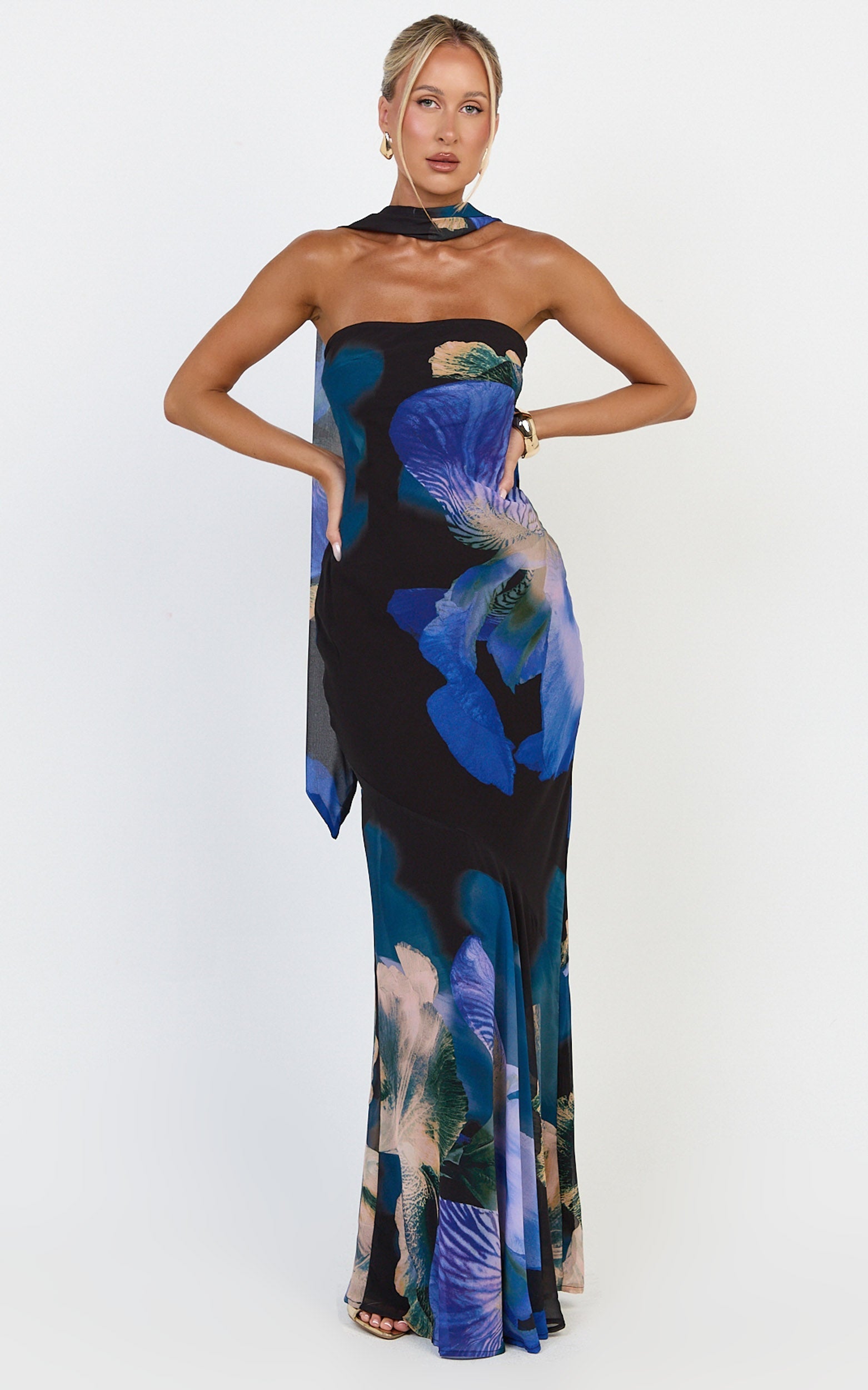 Solara Maxi Dress - Strapless Bias Column Dress with Scarf in Midnight Resort Orchid Print