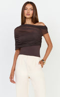 Sophia Top - Draped One Shoulder Mesh Overlay Top in Chocolate