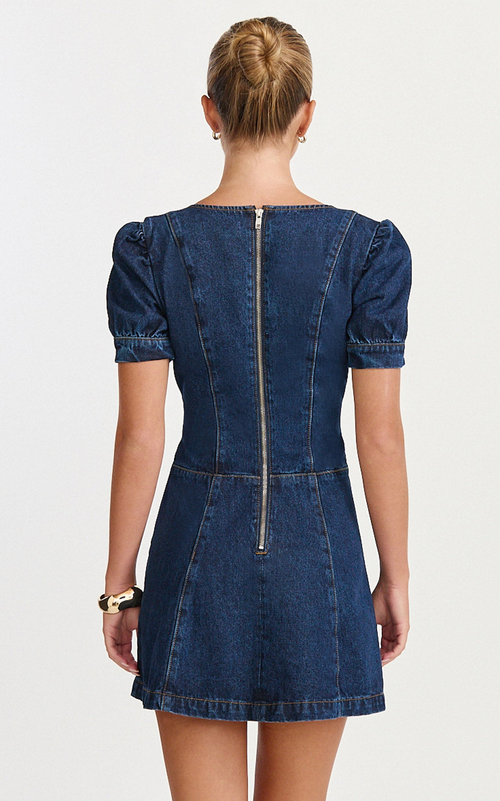 Sophie Mini Dress - Puff Sleeve V Neck Button Down Denim Dress in Dark Blue Wash